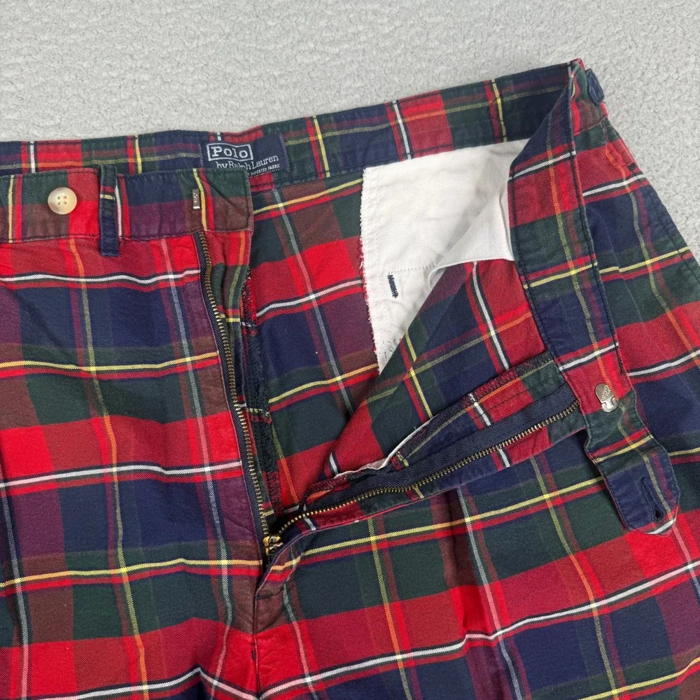 VTG Polo Ralph Lauren Shorts Mens 38 Red Tartain Plaid Pleated Chino USA Made